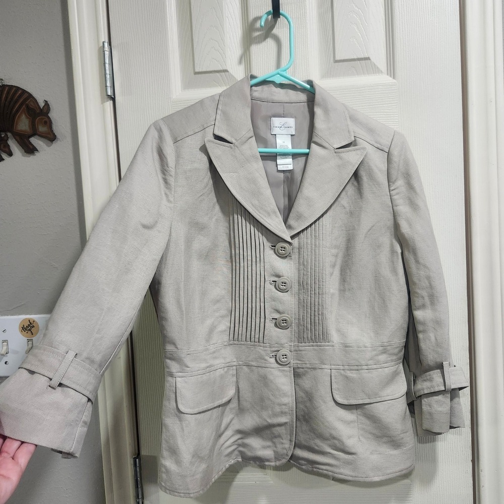 Emma James Women Taupe Linen Blend Pleated Front Blazer Jacket Size 10